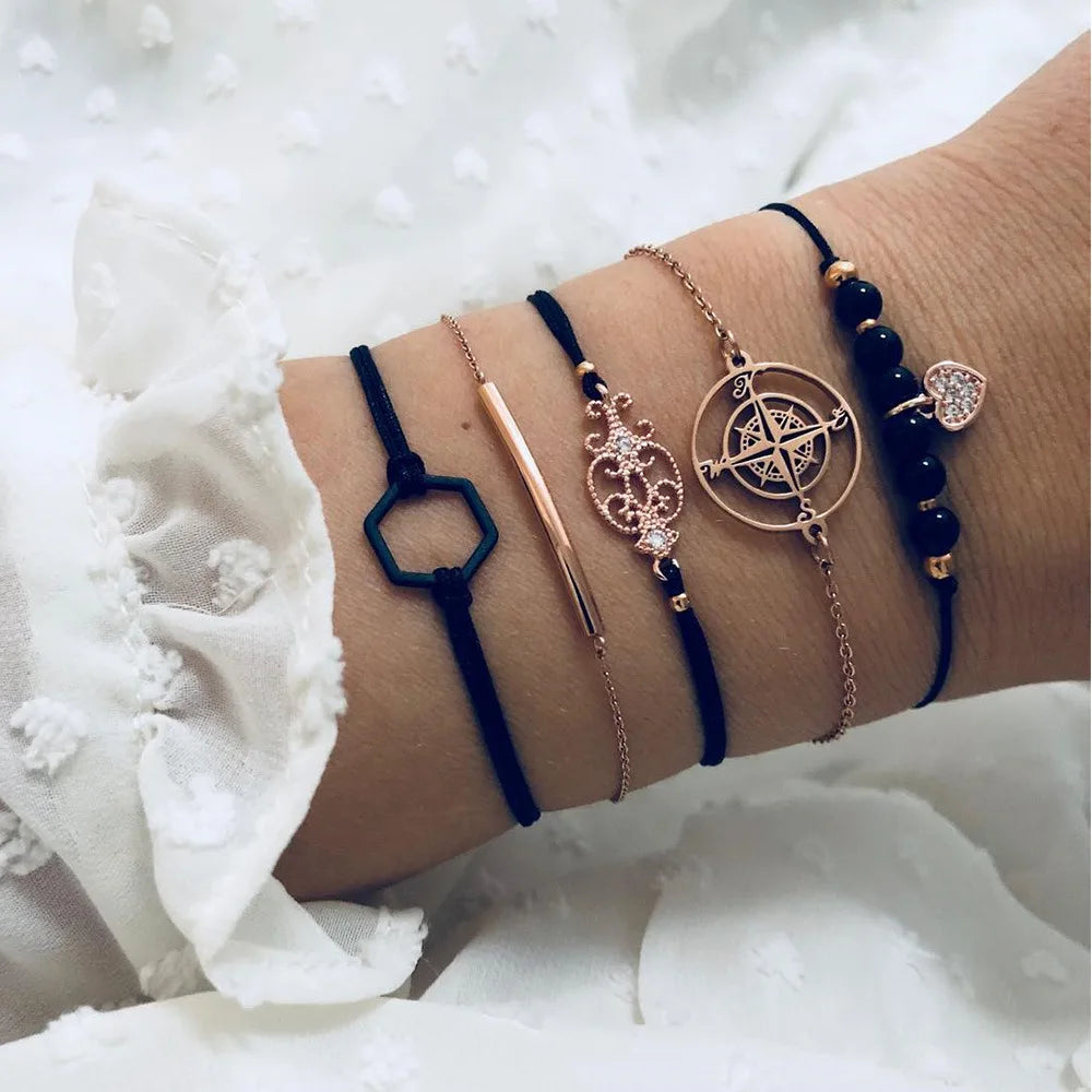 Bohemia Gold Color Leaves Bracelet Set For Women White Beads Round Charm Wrap Bangle Boho Girls Jewelry Gift