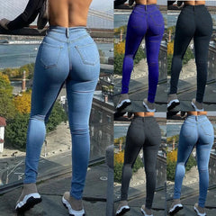 2025 Women's Stretch Skinny Denim Jeans – Mid Waist Retro Washed Blue Pencil Pants, Slim Fit Elastic Trousers for Spring/Summer