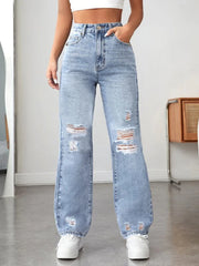 2025 Women's Light Blue Ripped Wide-Leg Jeans – Loose Fit, Comfortable & Slimming, All-Match Casual Outfit