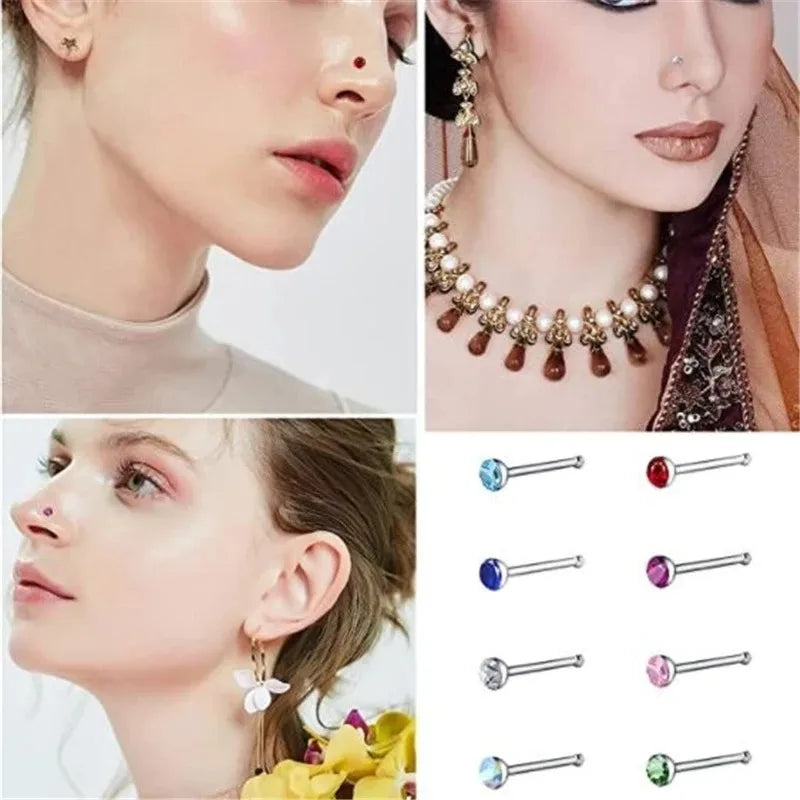 40/60 Pcs/Set Crystal Stainless Steel Nose Piercing Pack Straight Nose Ring Kit L Nose Stud Piercing Titanium Helix Body Jewelry