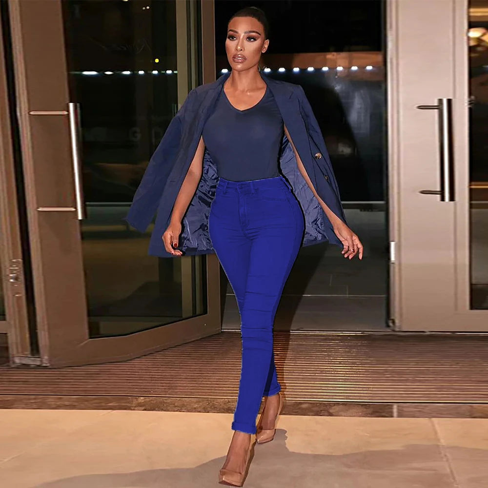 2025 Women's Stretch Skinny Denim Jeans – Mid Waist Retro Washed Blue Pencil Pants, Slim Fit Elastic Trousers for Spring/Summer