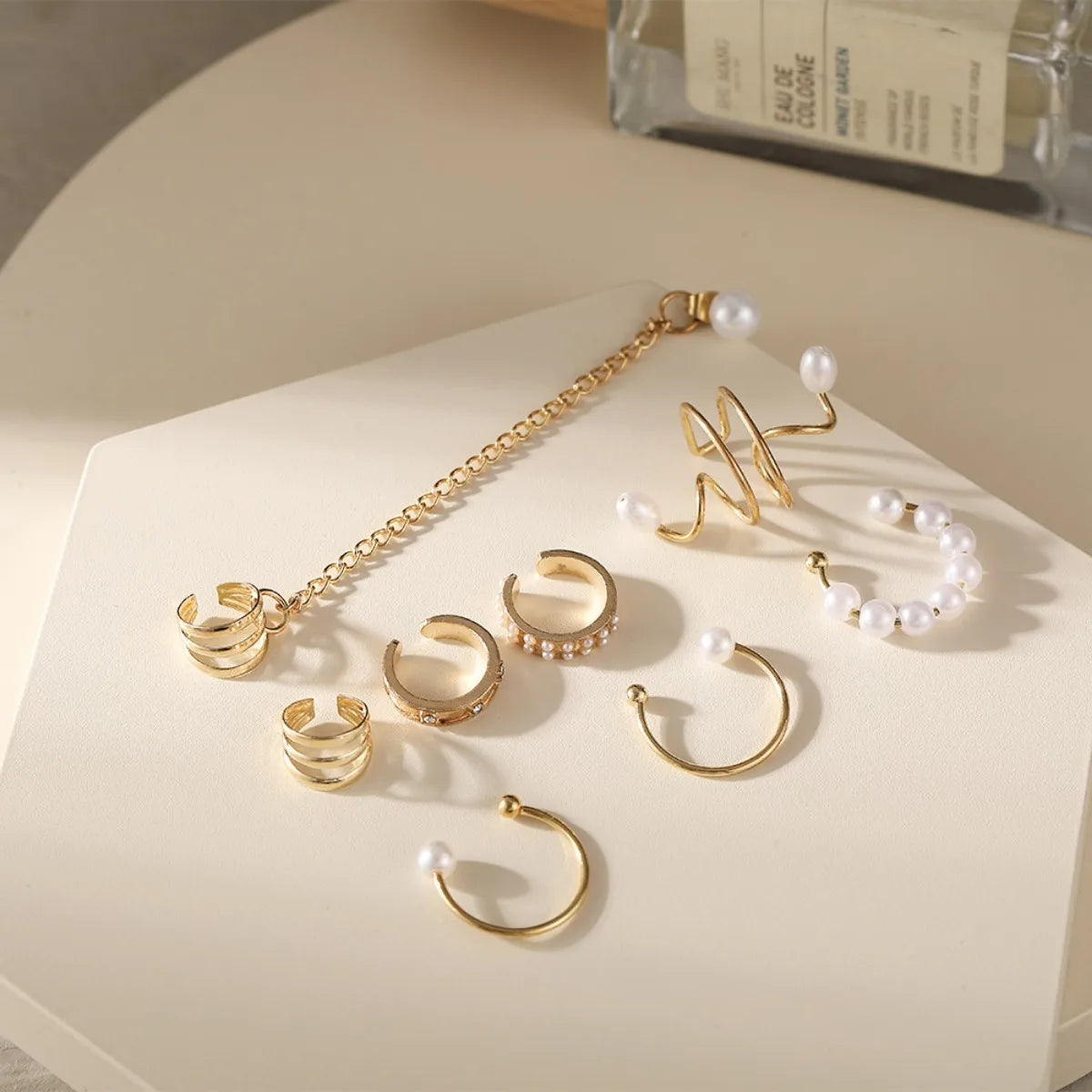 8pc Ear Clip Imitation Pearl Set Hip Hop Style Women's Earrings Non-piercing False Cartilage Ear Contour Fringe Chain Jewelry