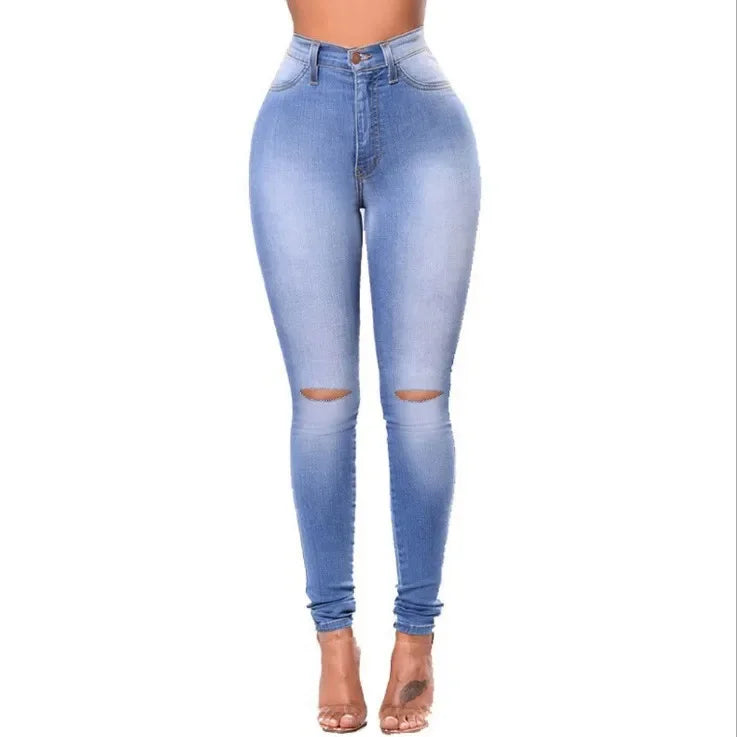 New Slim-Fit Ripped Jeans for Women – High-Waist Skinny Pencil Pants, Elastic Denim, Spring & Fall Casual Style