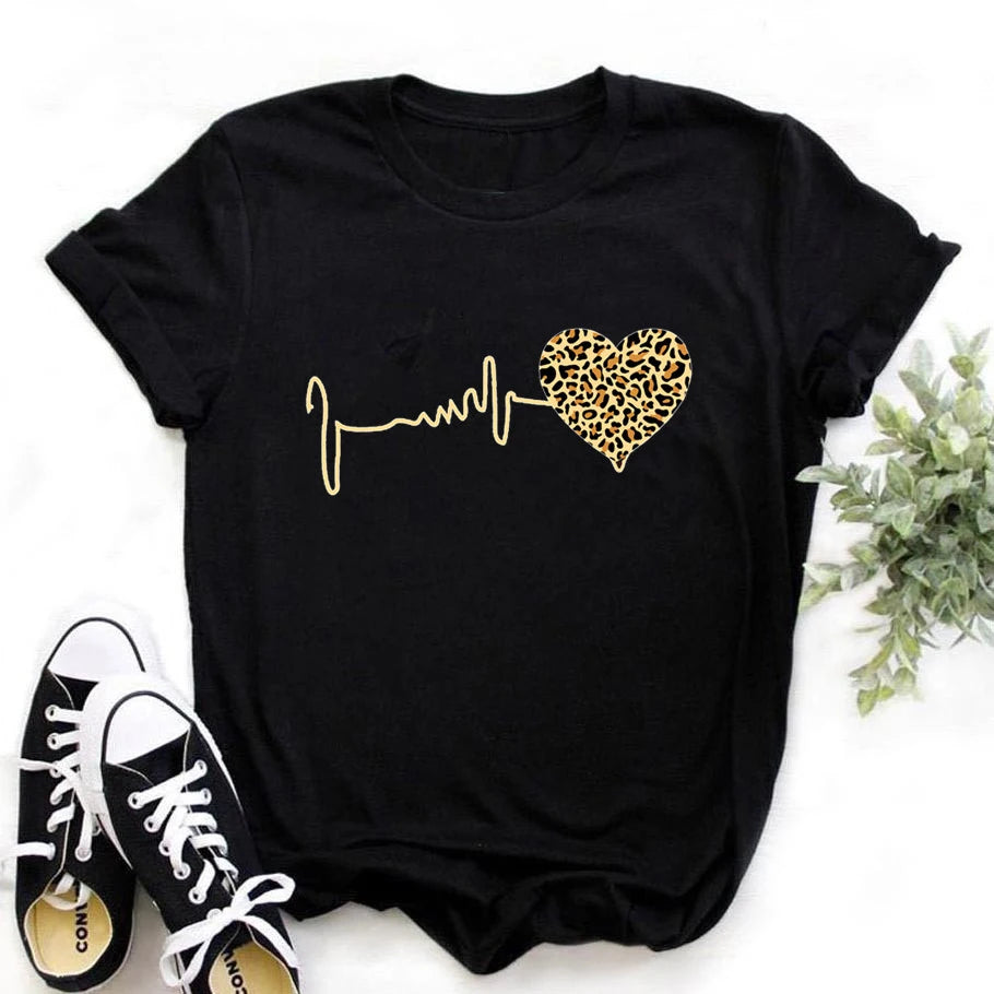 Retro 90’s Leopard Print Women’s T-Shirt – Heartbeat Graphic Harajuku Summer Top