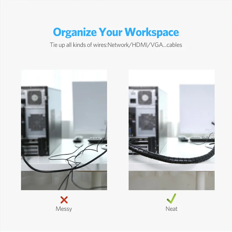 2M 16mm Flexible Spiral Cable Wire Protector Cable Organizer Computer Cord Protective Tube Clip Organizer Management Tools
