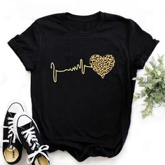 Retro 90’s Leopard Print Women’s T-Shirt – Heartbeat Graphic Harajuku Summer Top