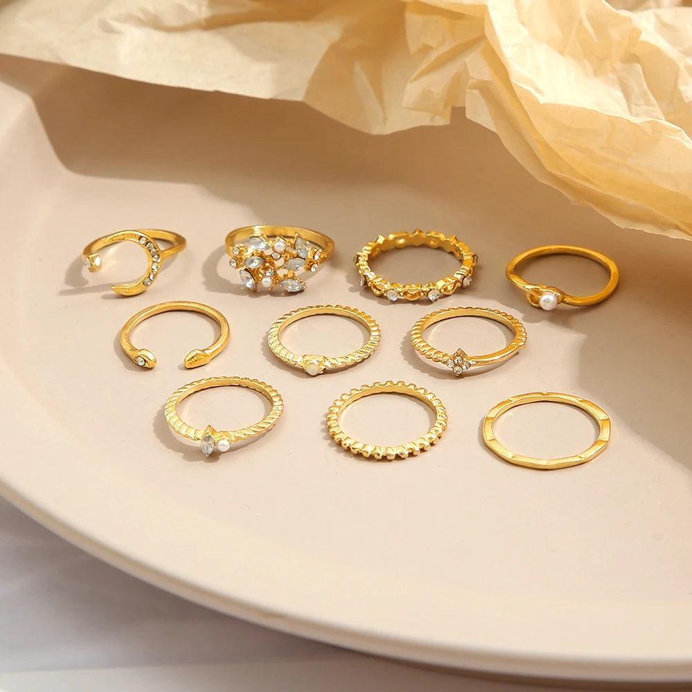 10Pcs Rings Suit For Women Gold-color Chain Ring Set Bohemian Style Coin Snake Moon Star Party Trend Gift Jewelry