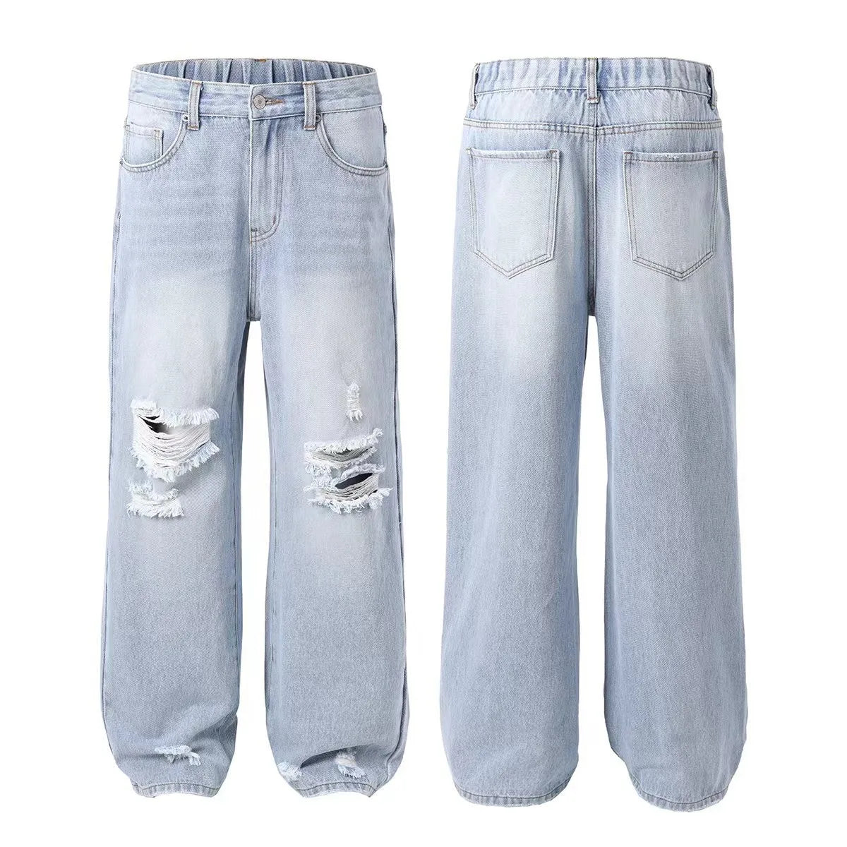 2025 Women's Light Blue Ripped Wide-Leg Jeans – Loose Fit, Comfortable & Slimming, All-Match Casual Outfit
