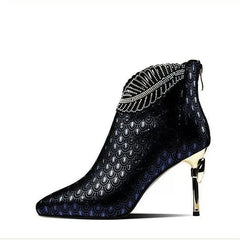 Peacock Pattern Embossed Leather Boots Woman Ankle Boots Plating Heel Rhinestone Women's Winter Shoes 2023 Female Footware Blue