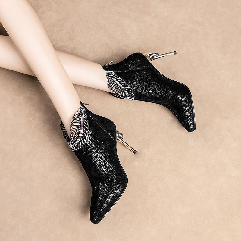 Peacock Pattern Embossed Leather Boots Woman Ankle Boots Plating Heel Rhinestone Women's Winter Shoes 2023 Female Footware Blue