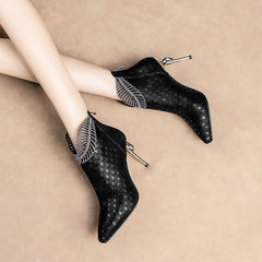 Peacock Pattern Embossed Leather Boots Woman Ankle Boots Plating Heel Rhinestone Women's Winter Shoes 2023 Female Footware Blue
