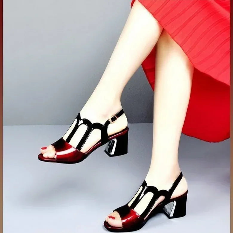 Summer Heels Medium Heel Buckle Female Footware Black 2024 Trend Fashion New Women's Pumps Shoes Peep Toe Women Sandals