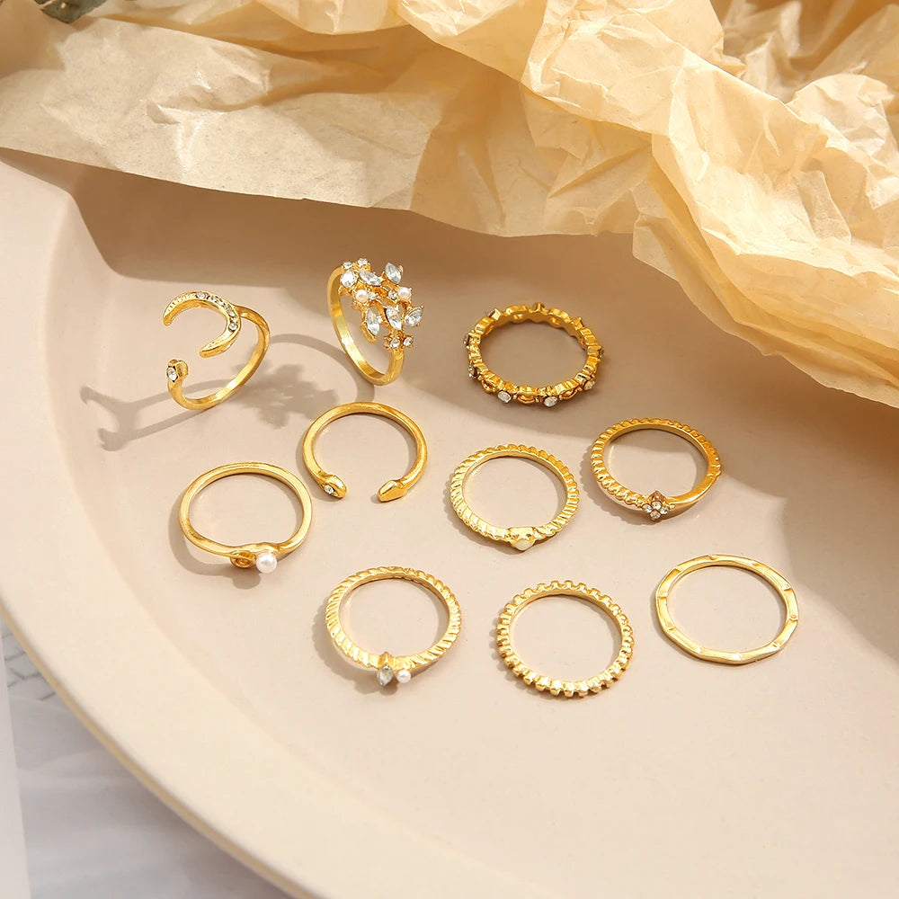 10Pcs Rings Suit For Women Gold-color Chain Ring Set Bohemian Style Coin Snake Moon Star Party Trend Gift Jewelry