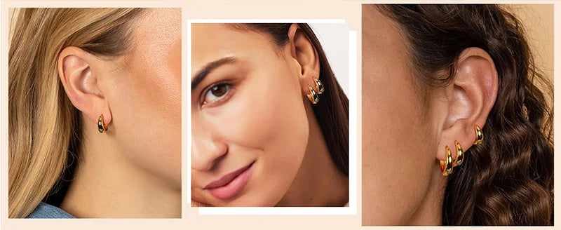 3 Pairs Chunky Gold Color Hoop Earrings Set for Women Girls 2024 Trend Jewelry Stackable Piercing Dainty Twist Cuff Earring