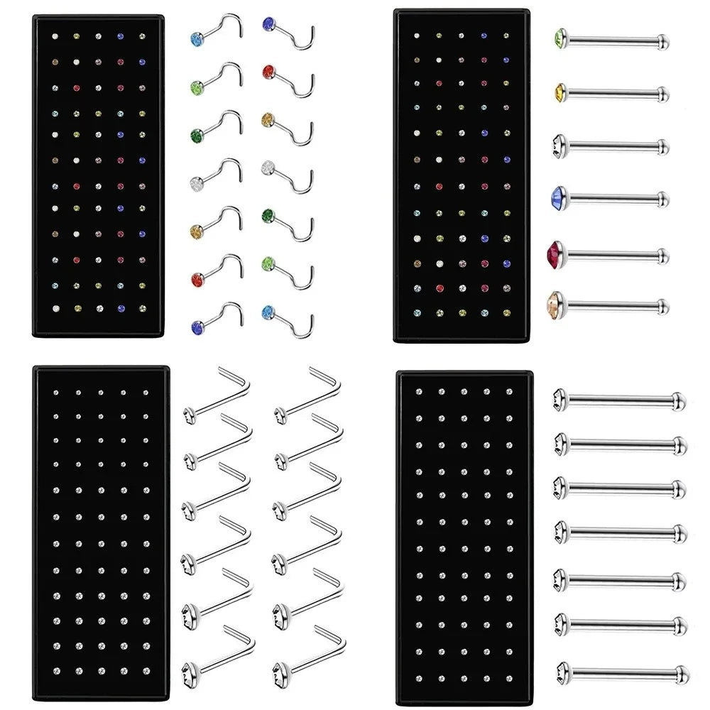 40/60 Pcs/Set Crystal Stainless Steel Nose Piercing Pack Straight Nose Ring Kit L Nose Stud Piercing Titanium Helix Body Jewelry