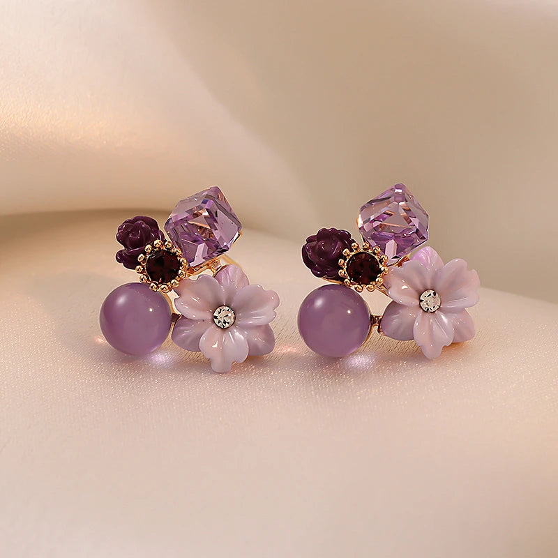 Purple Crystal Flower Stud Earrings For Woman  Korean Fashion Jewelry Wedding Party Girl Elegance Set Accessories