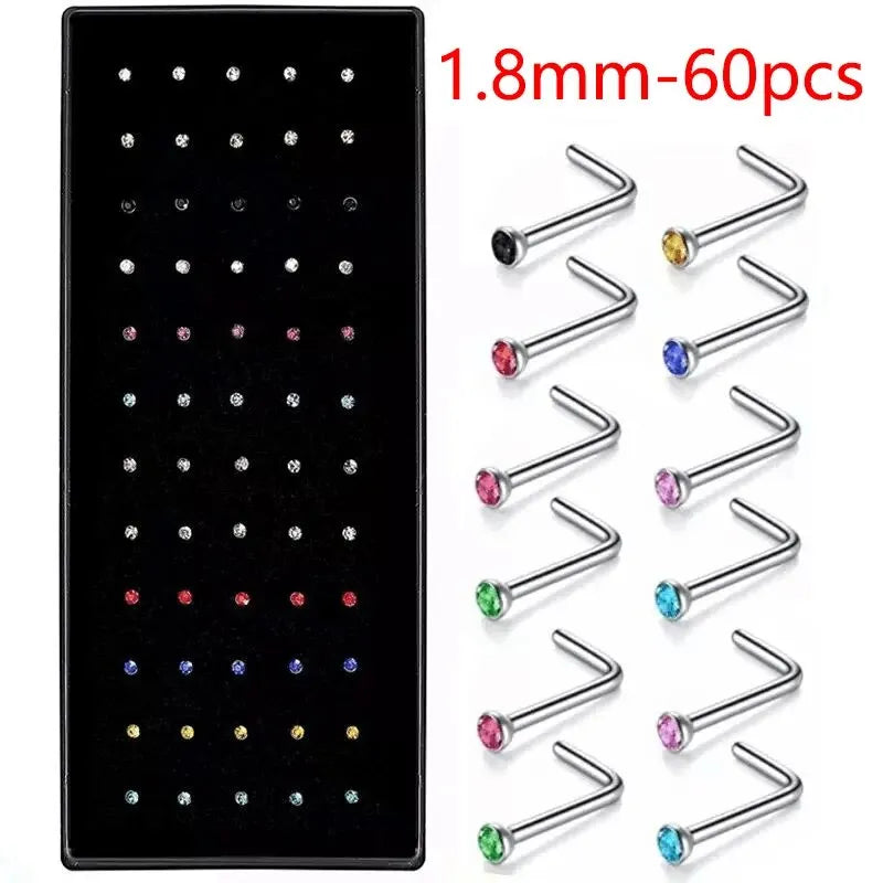 40/60 Pcs/Set Crystal Stainless Steel Nose Piercing Pack Straight Nose Ring Kit L Nose Stud Piercing Titanium Helix Body Jewelry