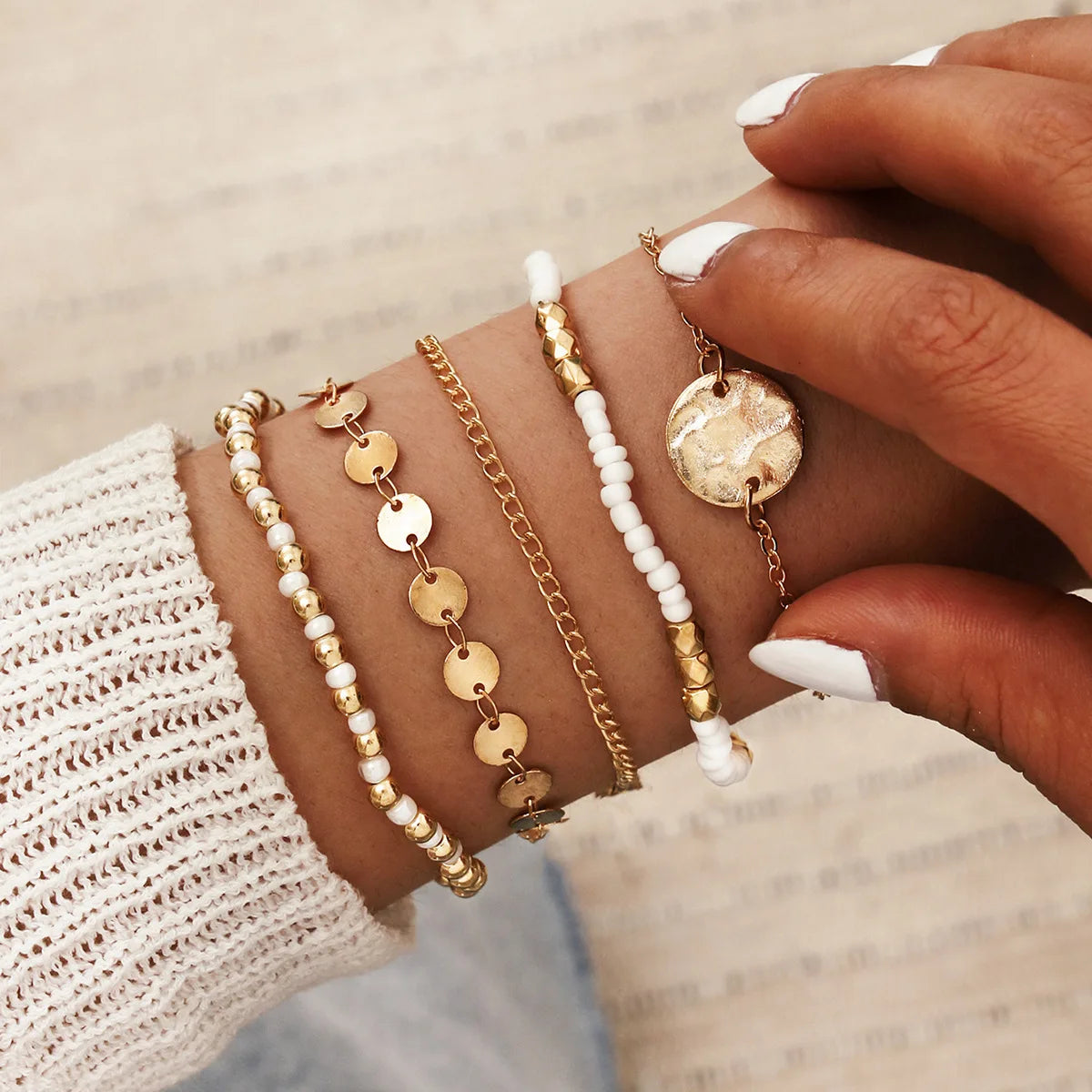 Bohemia Gold Color Leaves Bracelet Set For Women White Beads Round Charm Wrap Bangle Boho Girls Jewelry Gift