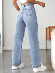 2025 Women's Light Blue Ripped Wide-Leg Jeans – Loose Fit, Comfortable & Slimming, All-Match Casual Outfit
