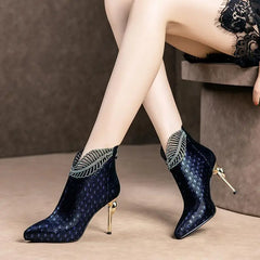 Peacock Pattern Embossed Leather Boots Woman Ankle Boots Plating Heel Rhinestone Women's Winter Shoes 2023 Female Footware Blue