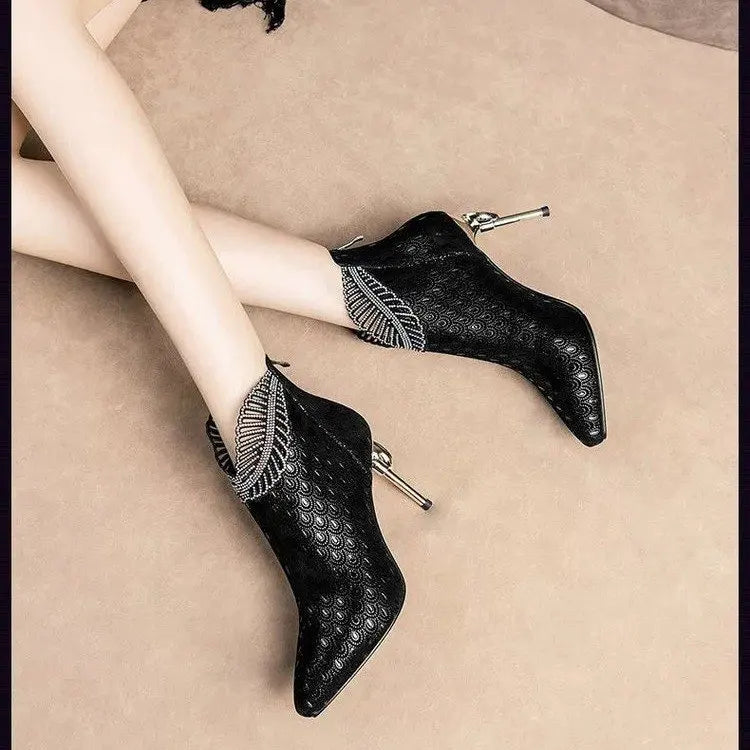 Peacock Pattern Embossed Leather Boots Woman Ankle Boots Plating Heel Rhinestone Women's Winter Shoes 2023 Female Footware Blue