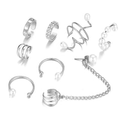 8pc Ear Clip Imitation Pearl Set Hip Hop Style Women's Earrings Non-piercing False Cartilage Ear Contour Fringe Chain Jewelry