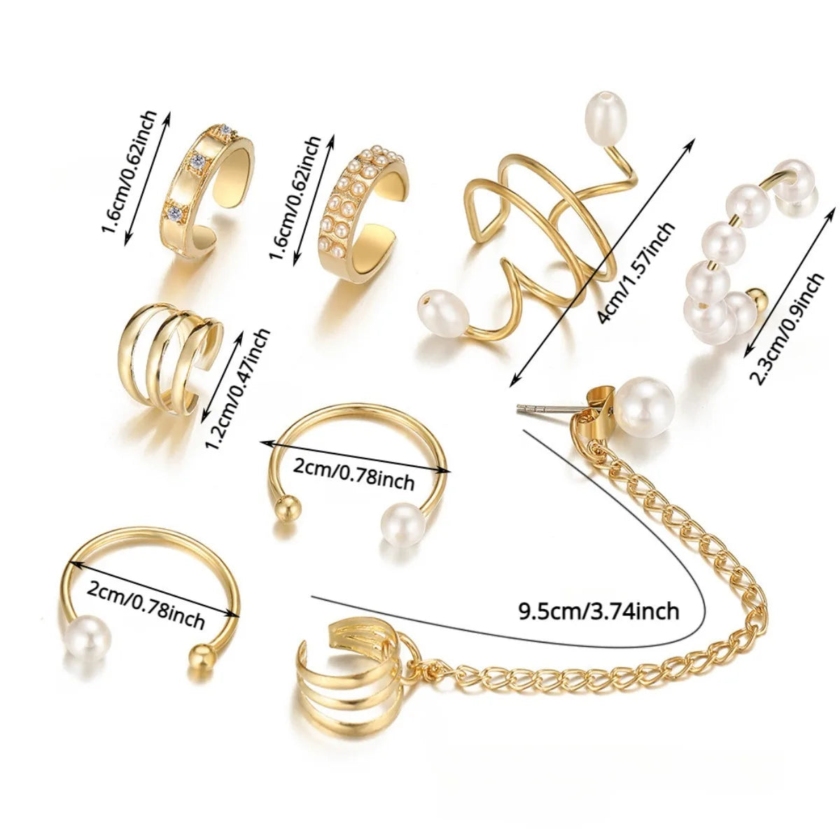 8pc Ear Clip Imitation Pearl Set Hip Hop Style Women's Earrings Non-piercing False Cartilage Ear Contour Fringe Chain Jewelry