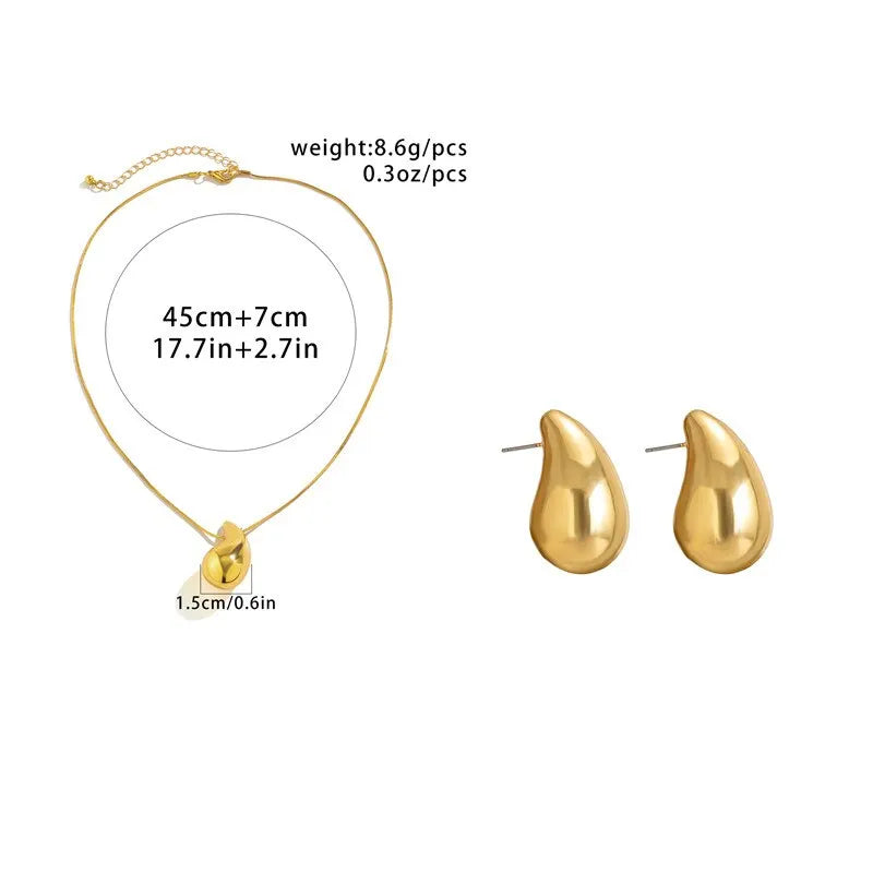 2Pcs Exquisite Snake Chain Beans Pea Pendant Choker Necklace Stud Earrings for Women Vintage Glossy Tear Aesthetic Jewelry Set