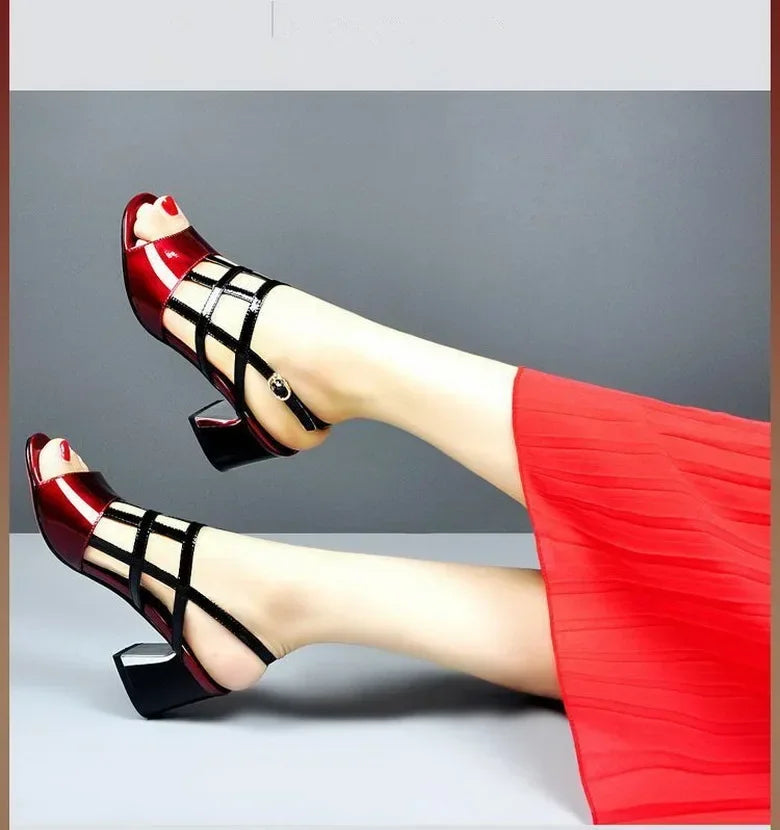Summer Heels Medium Heel Buckle Female Footware Black 2024 Trend Fashion New Women's Pumps Shoes Peep Toe Women Sandals